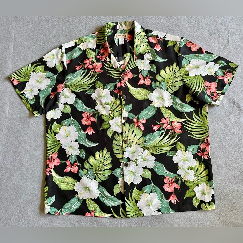 Koko Head Men’s Hawaiian Shirt Black Hibiscus Flowers Size XL 100% Polyester